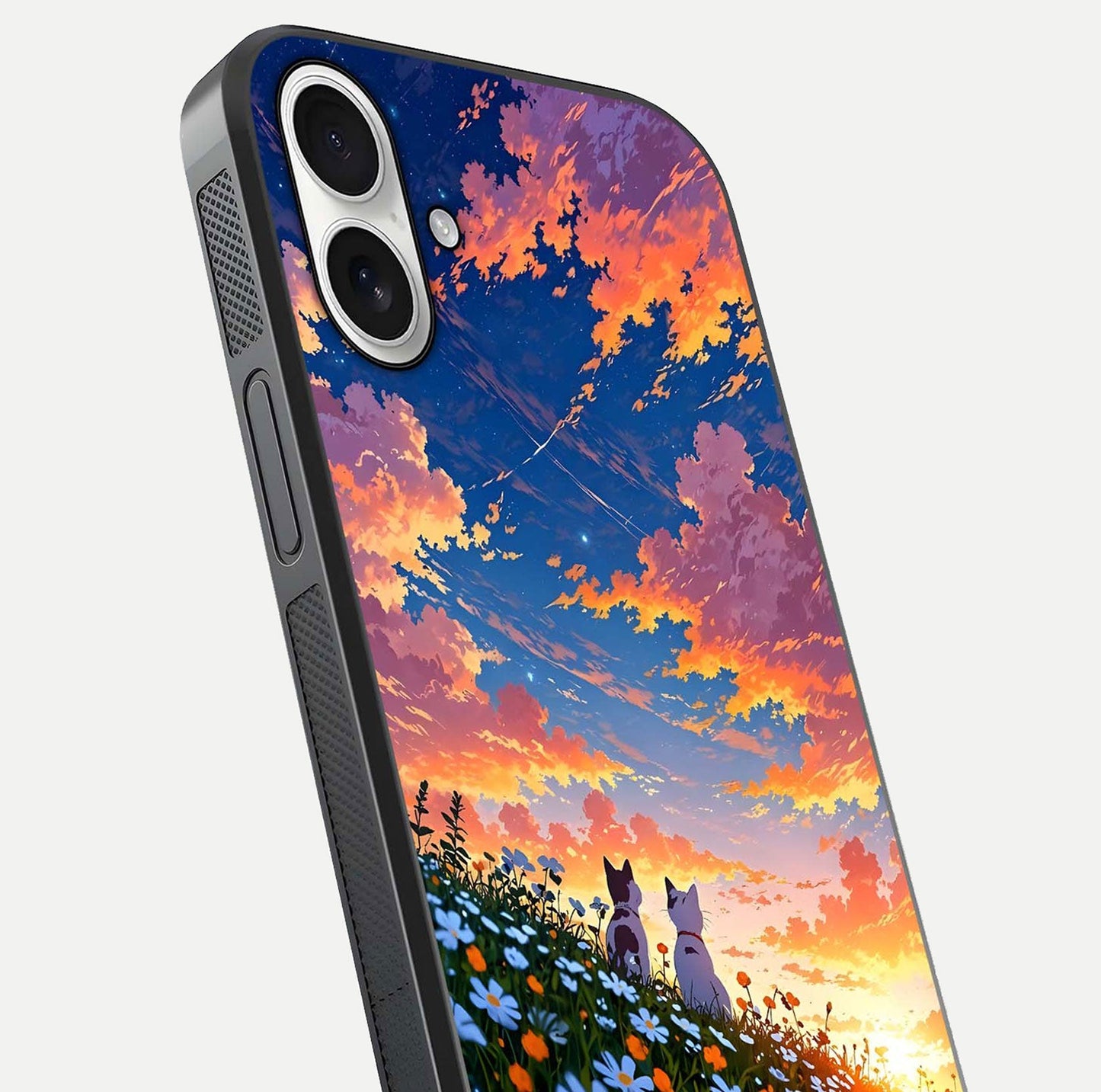 Two Cats Friends Glass Case for iPhone 17 close-up angled shot highlighting cat illustrations and soft reflection