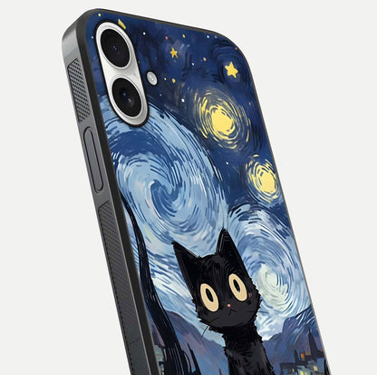 Van Gogh Cat Glass Case for iPhone 17 close-up angled shot highlighting brushstroke texture and reflection