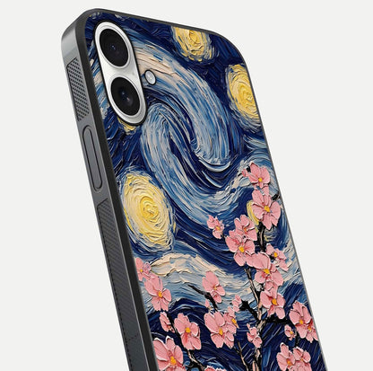Van Gogh Scenery Glass Case for iPhone 17 close-up angled shot highlighting brushwork texture and color depth