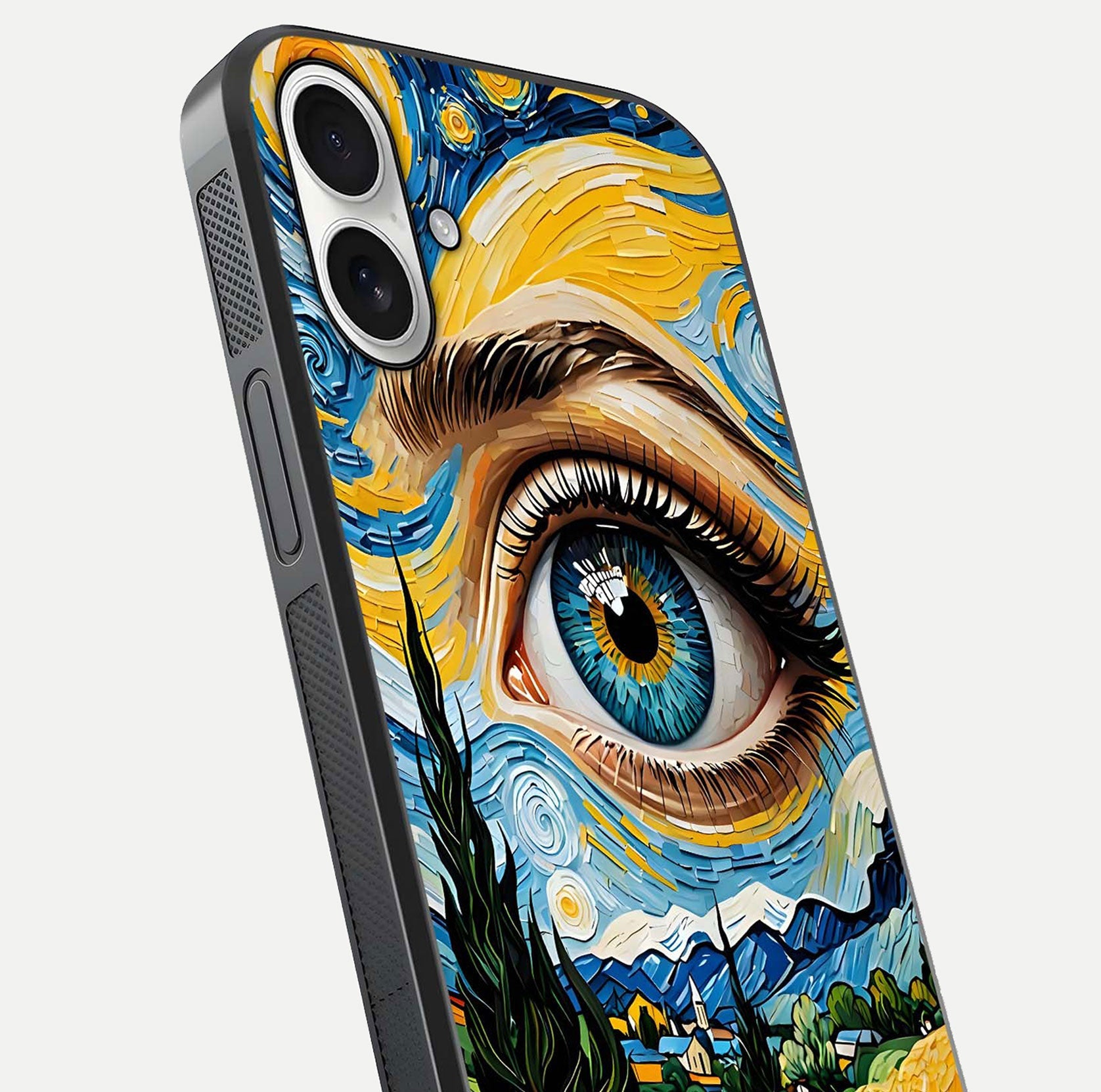 Van Gogh Eye Glass Case for iPhone 17 close-up angled shot highlighting color blend and gloss reflection