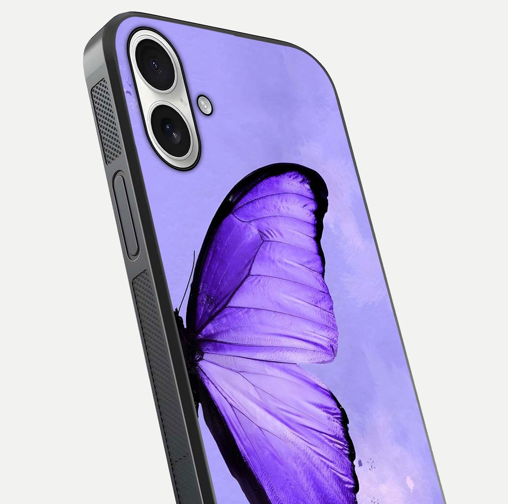 Violet Dream Wing Glass Case for iPhone 17 close-up angled shot highlighting wing texture and reflection