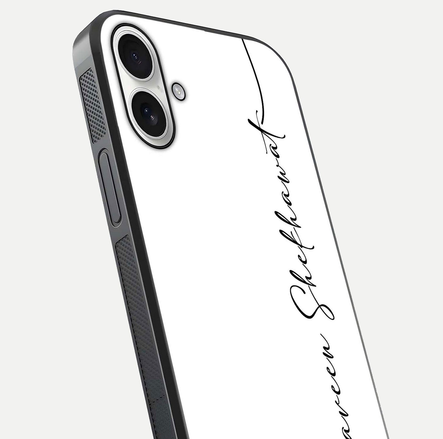 White Tune Custom Name Glass Case for iPhone 17 close-up angled shot highlighting gloss reflection and texture