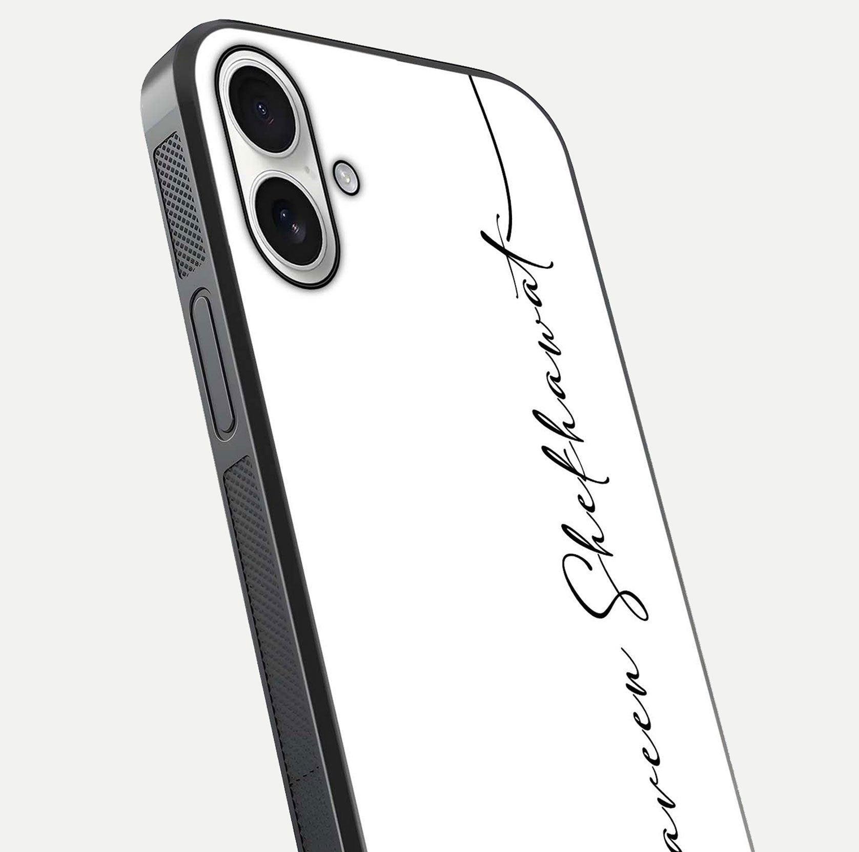 White Tune Custom Name Glass Case for iPhone 17 close-up angled shot highlighting gloss reflection and texture