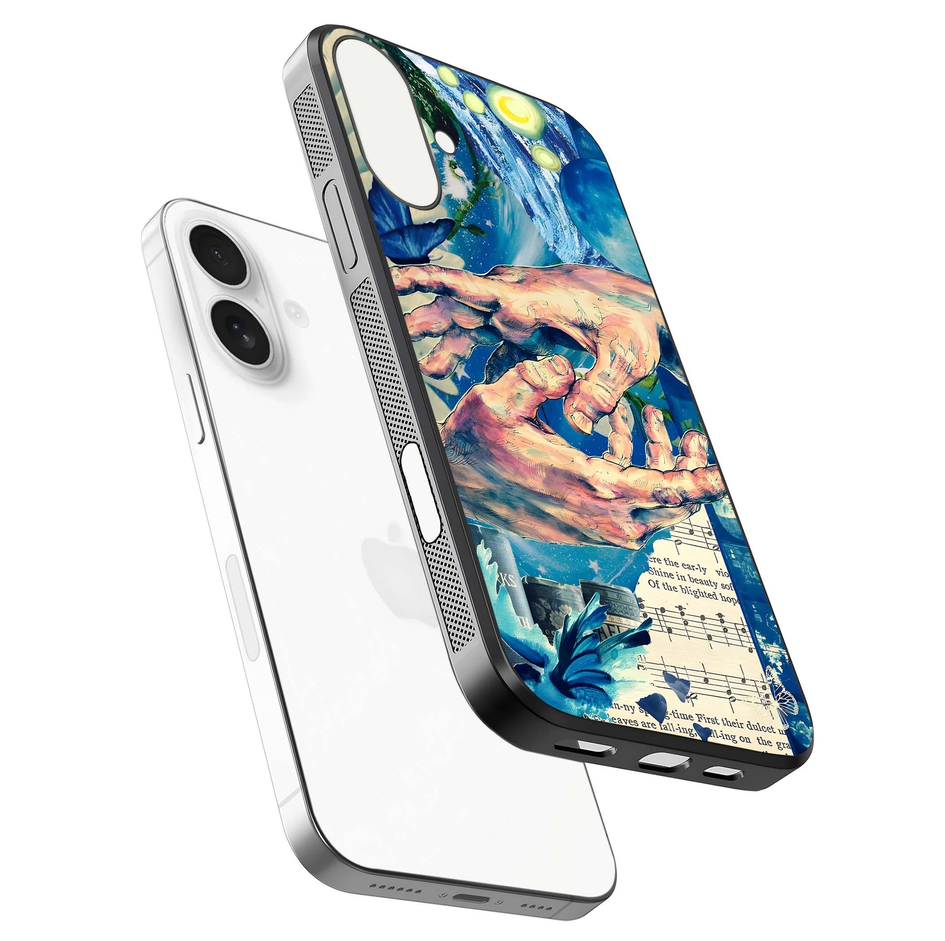 Aesthetic Cherry Tea Glass Case for iPhone 17 floating dual-view mockup showing edge design and detailed cherry pattern gloss texture