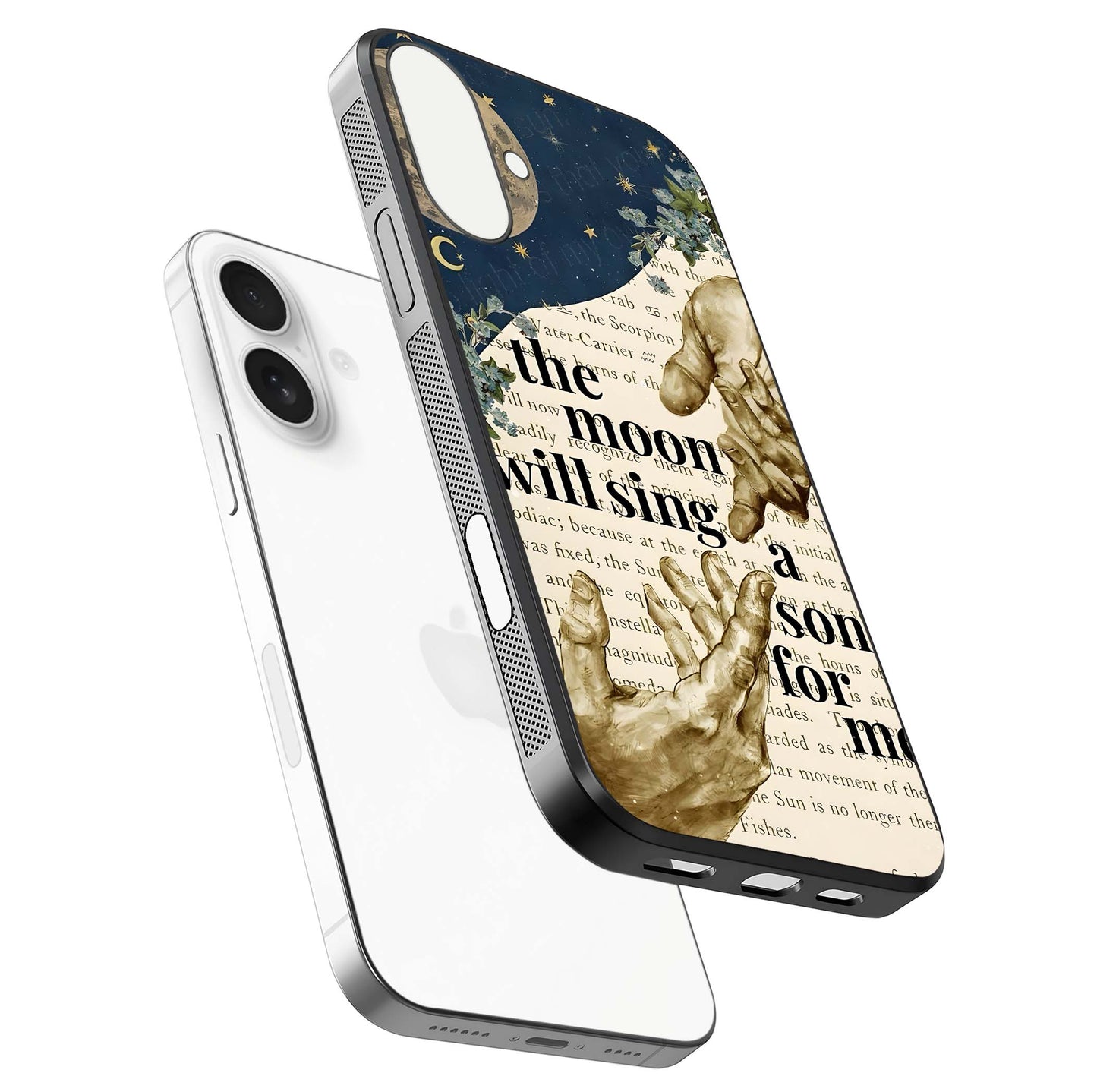 Aesthetic Divider Glass Case for iPhone 17 floating dual-view mockup showing edge design and detailed divider gloss texture
