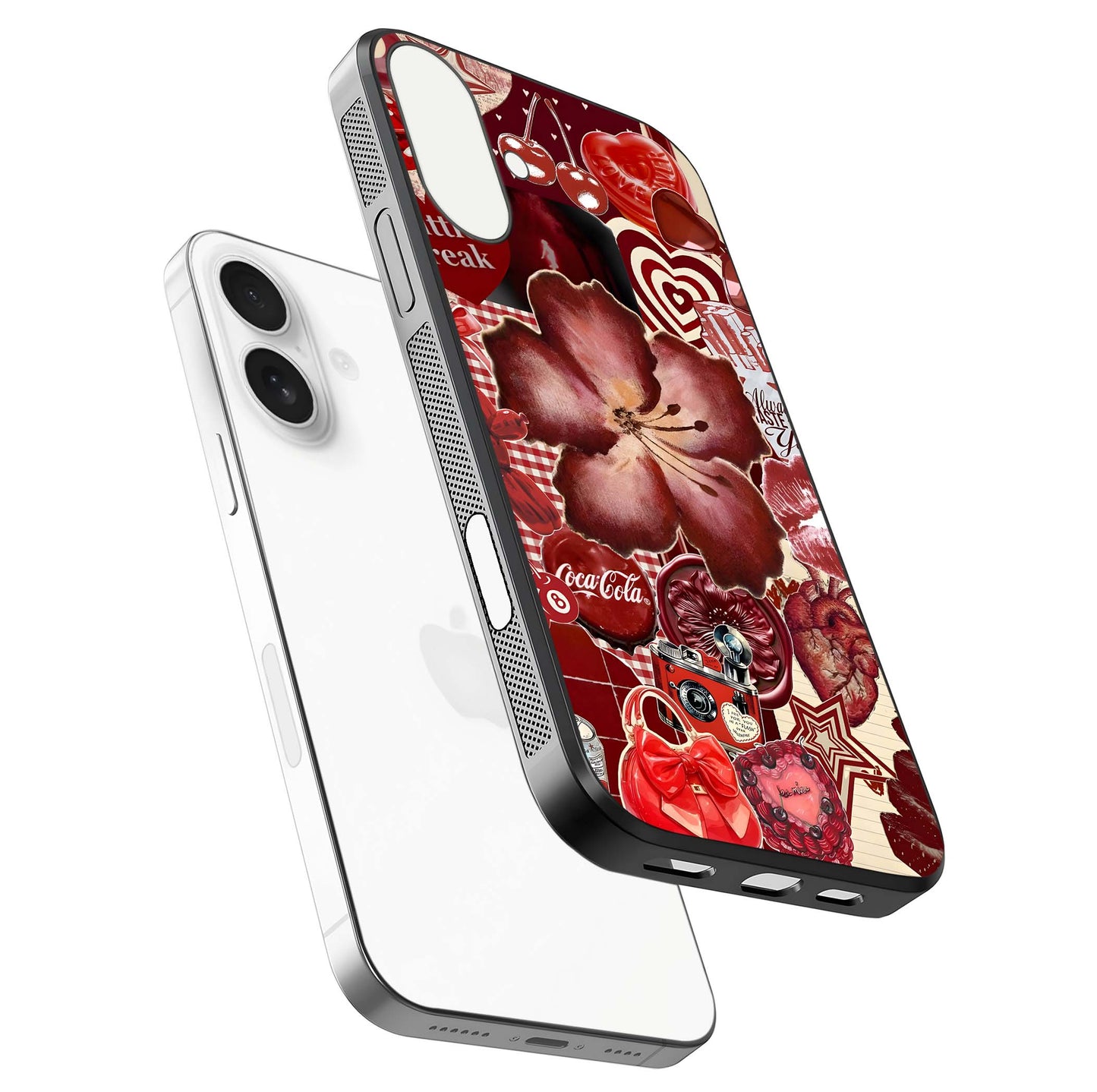 Aesthetic Divine Glass Case for iPhone 17 floating dual-view mockup showing edge design and divine art gloss texture