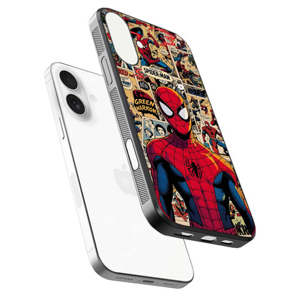 Aesthetic Little Freak Glass Case for iPhone 17 floating dual-view mockup showing edge design and detailed collage gloss texture
