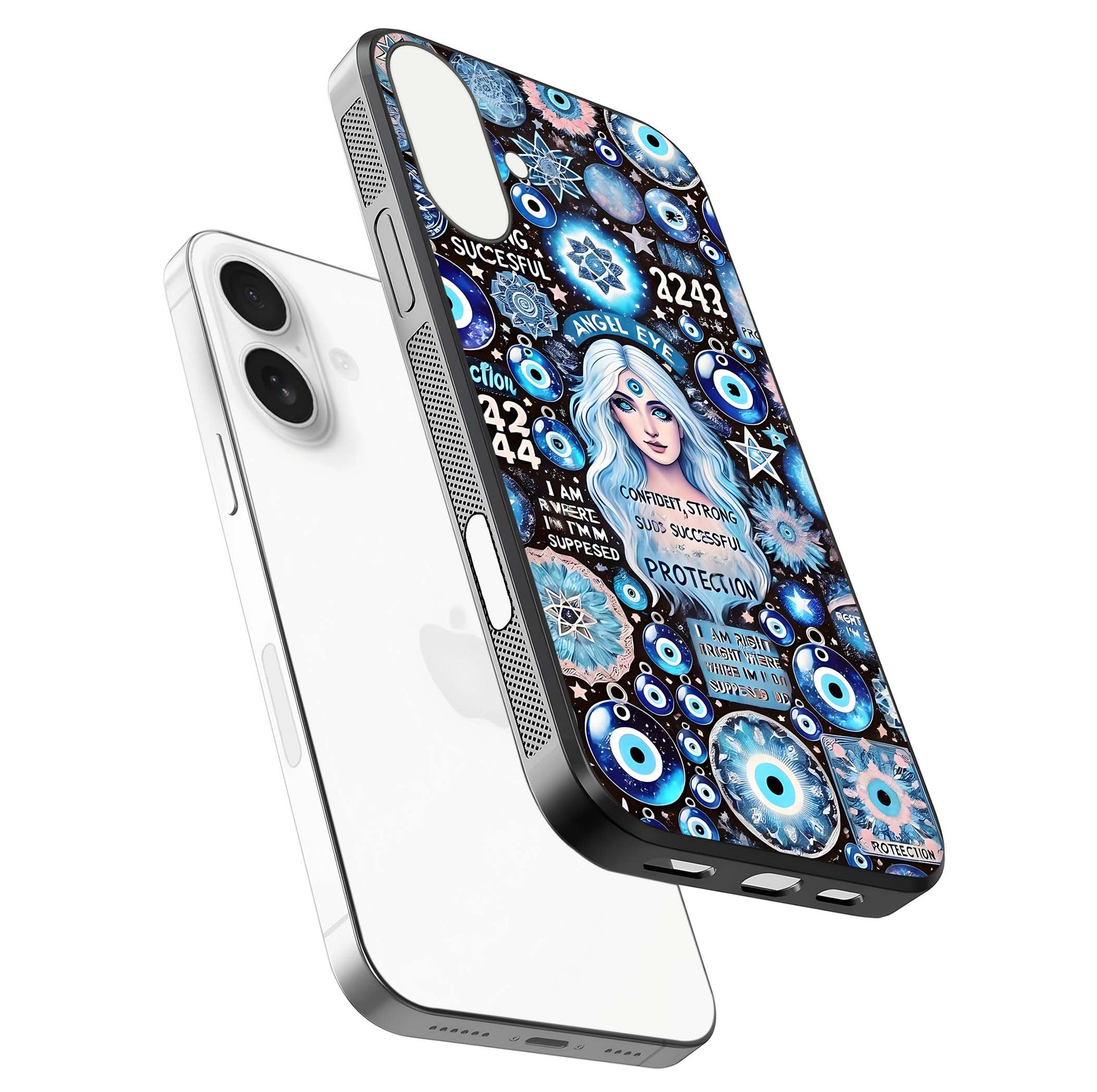 Angel Aura Shield Glass Case for iPhone 17 floating angle showing light reflection and protective edge structure