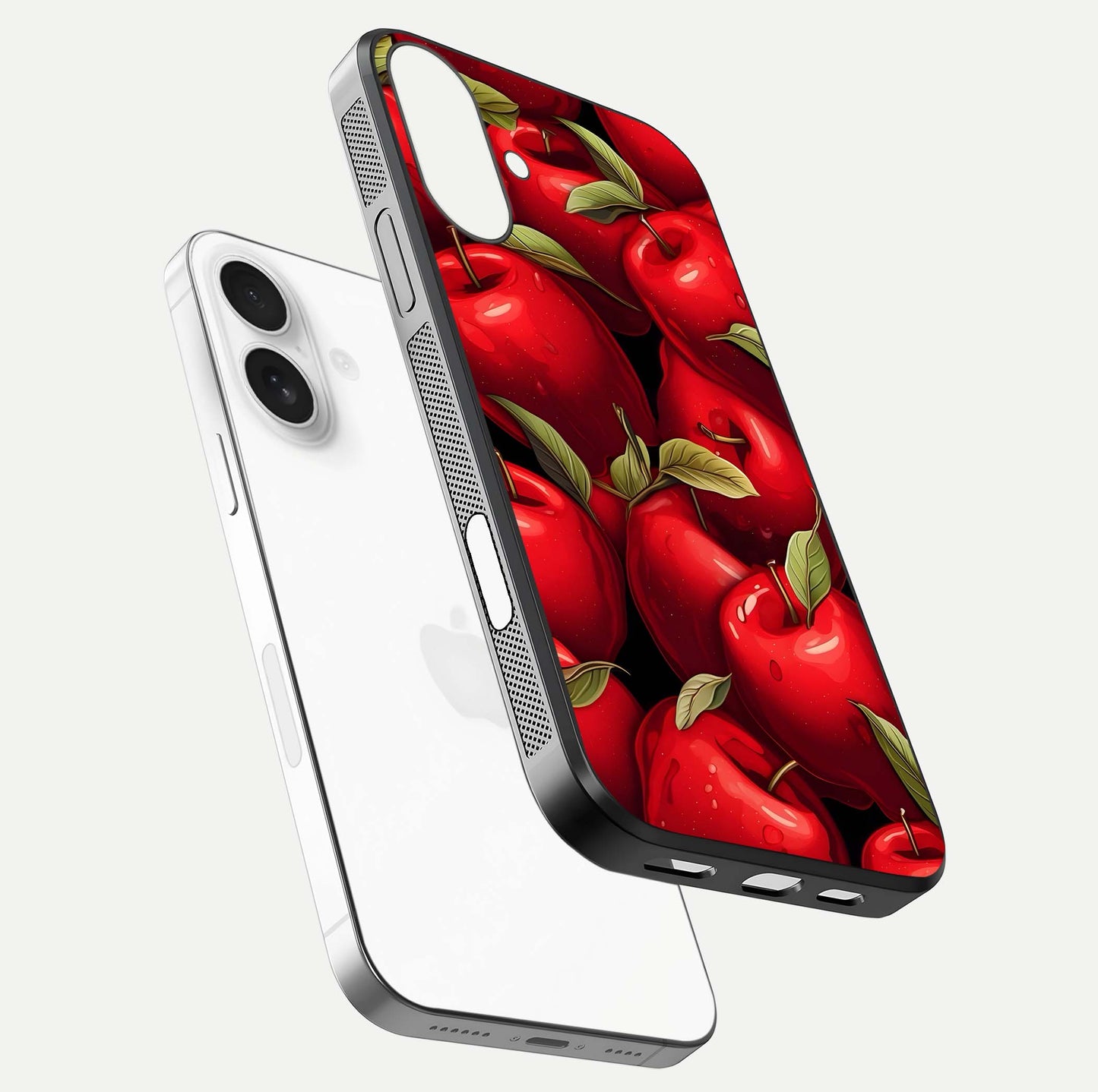 Apple Pattern Glass Case for iPhone 17 floating mockup with smooth edge detailing and pattern clarity