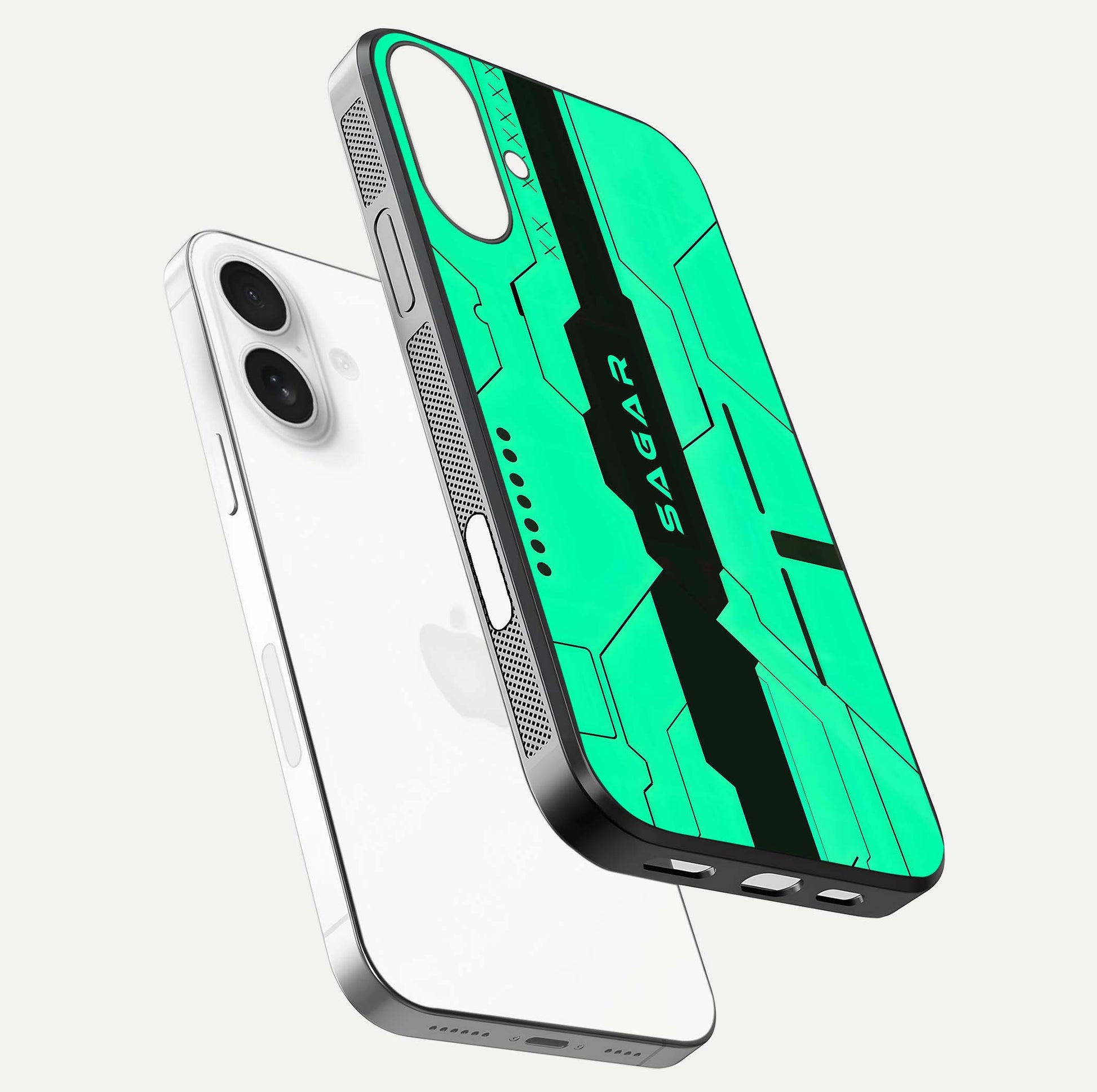 Aqua Tech CYBERPUNK Custom Name Glass Case for iPhone 17 floating mockup highlighting name customization area