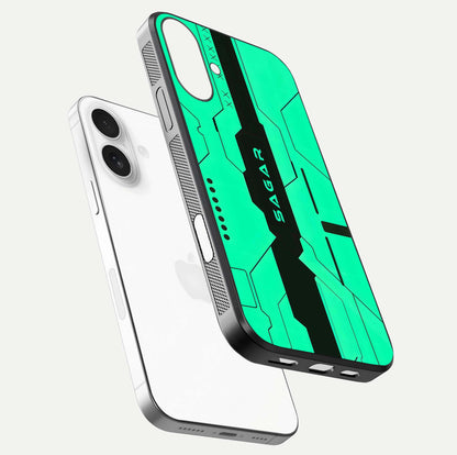 Aqua Tech CYBERPUNK Custom Name Glass Case for iPhone 17 floating mockup highlighting name customization area