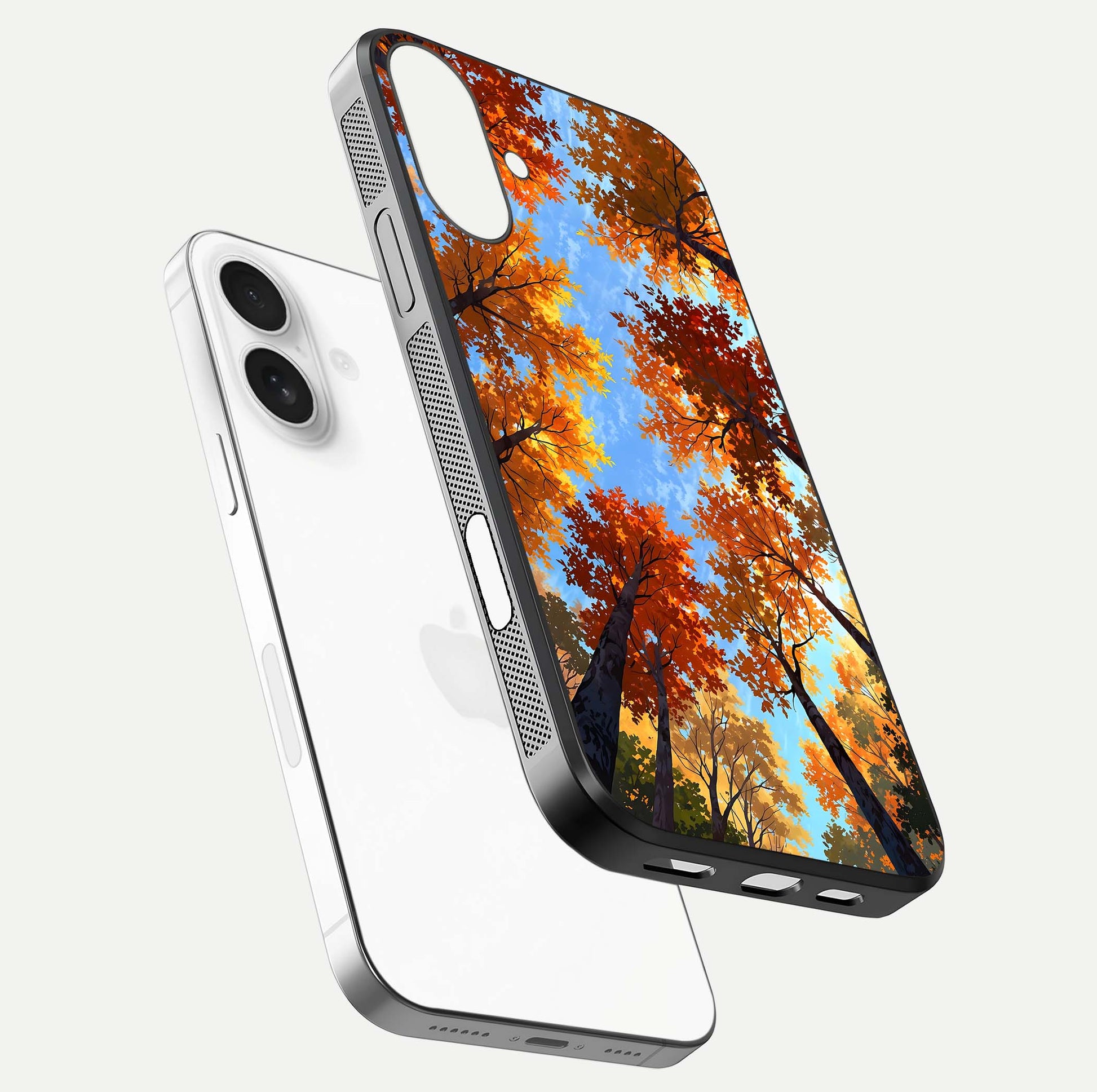 Autumn Sky Rise Glass Case for iPhone 17 floating dual-view mockup with sky horizon and glossy highlights