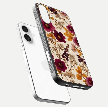 Autumn Wine Bloom Glass Case for iPhone 17 floating mockup with premium floral gradient and protection edge
