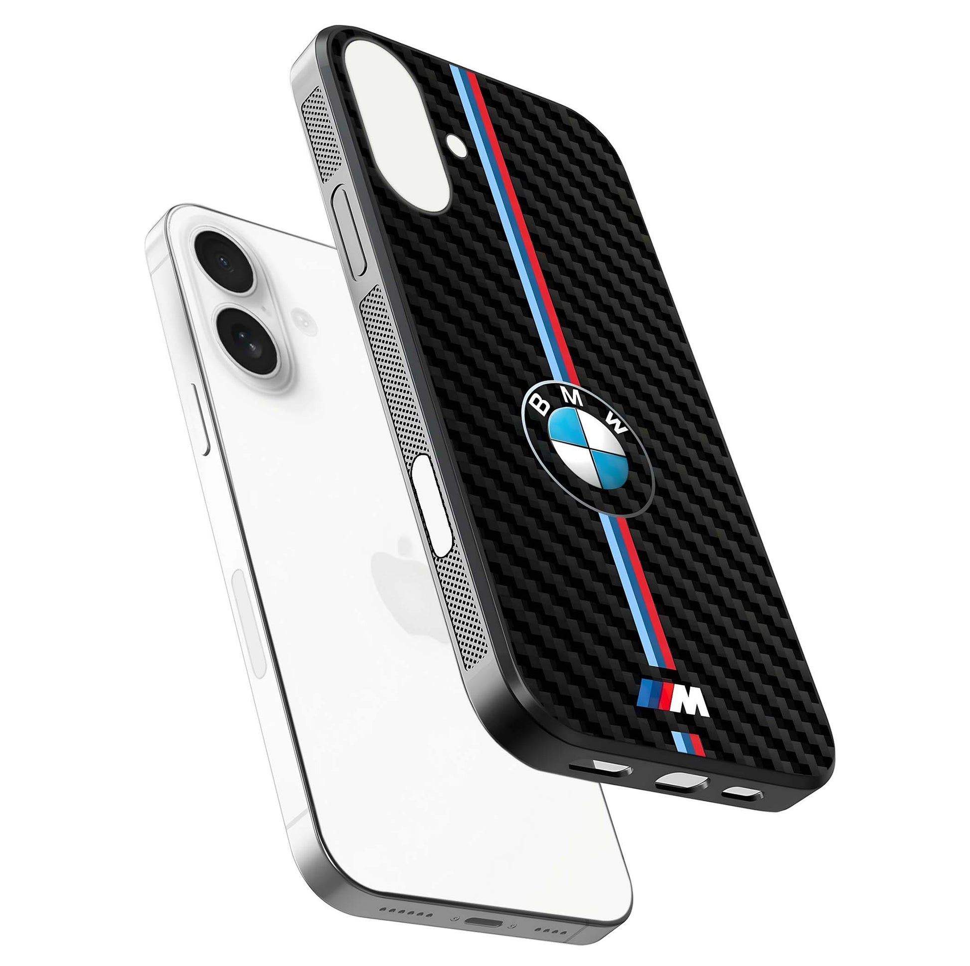 BMW Pattern Glass Case for iPhone 17 floating mockup highlighting clean lines and metallic accent reflection