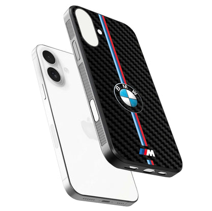 BMW Pattern Glass Case for iPhone 17 floating mockup highlighting clean lines and metallic accent reflection
