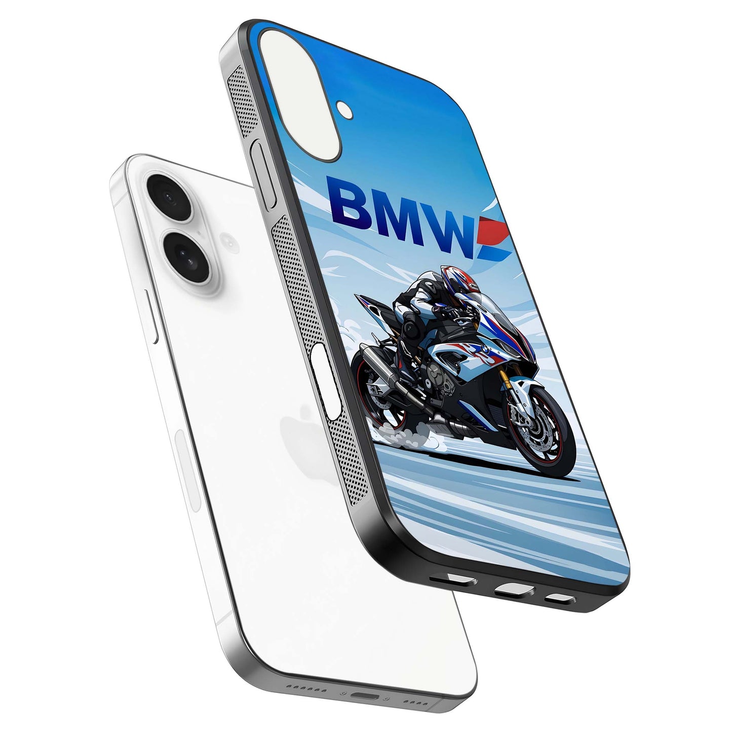 BMW Power Drift Glass Case for iPhone 17 floating mockup displaying bold drift artwork and glossy polish