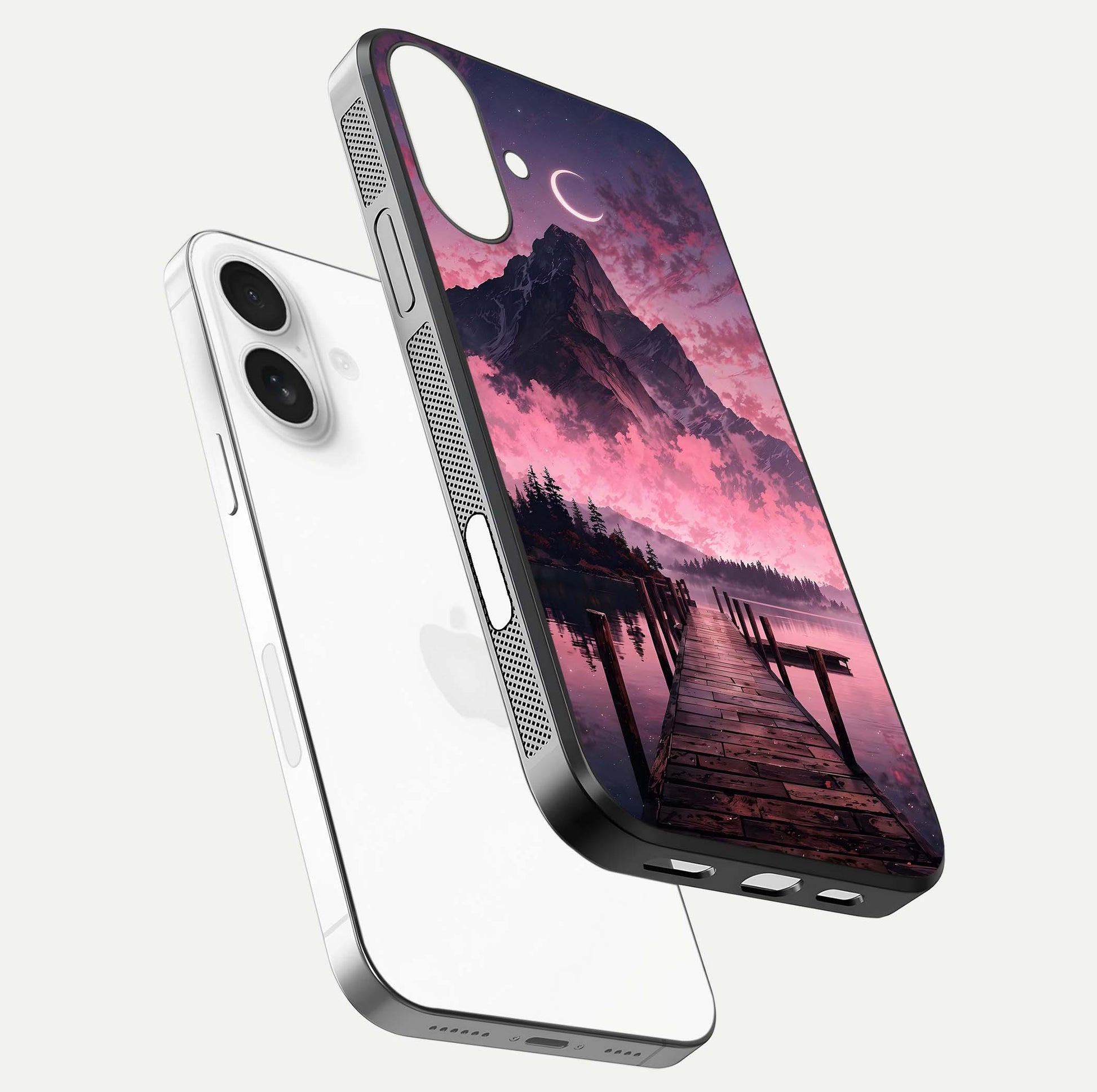 Beautyful Mountain View Glass Case for iPhone 17 floating dual mockup showing edges and reflective sky print