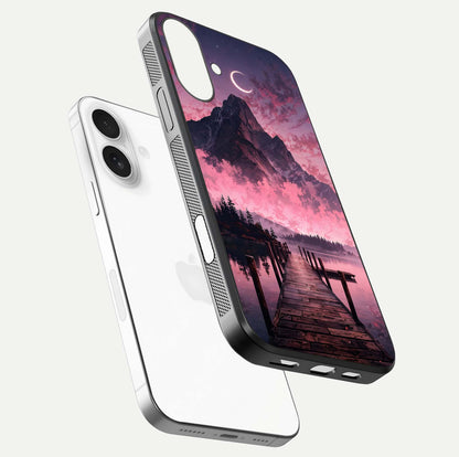 Beautyful Mountain View Glass Case for iPhone 17 floating dual mockup showing edges and reflective sky print