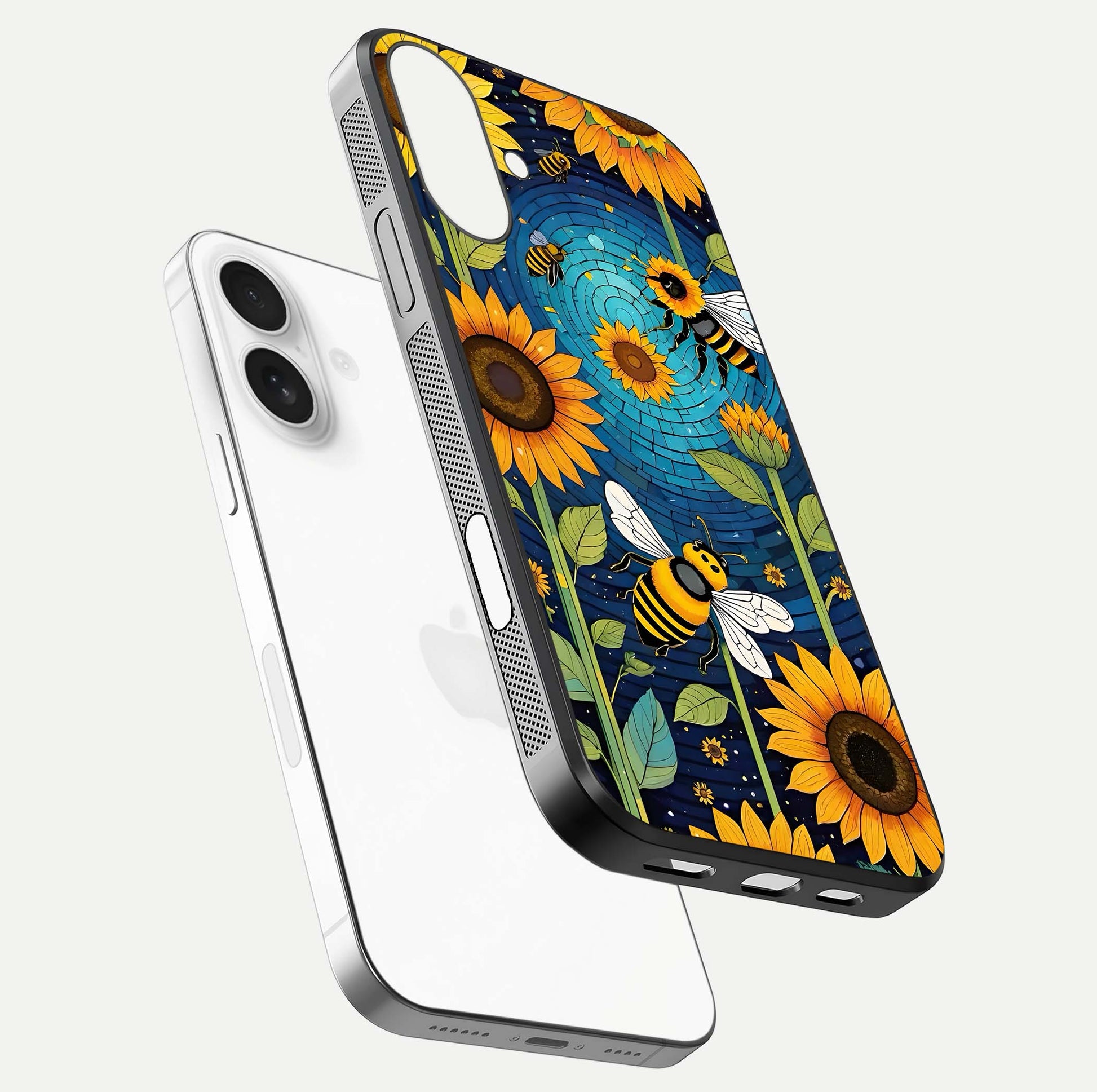 Bees & Sunflowers Glass Case for iPhone 17 floating dual-view mockup displaying vibrant yellow tones and gloss texture