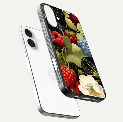 Berry Bloom Charm Glass Case for iPhone 17 floating mockup capturing glossy reflection and curved-edge finish