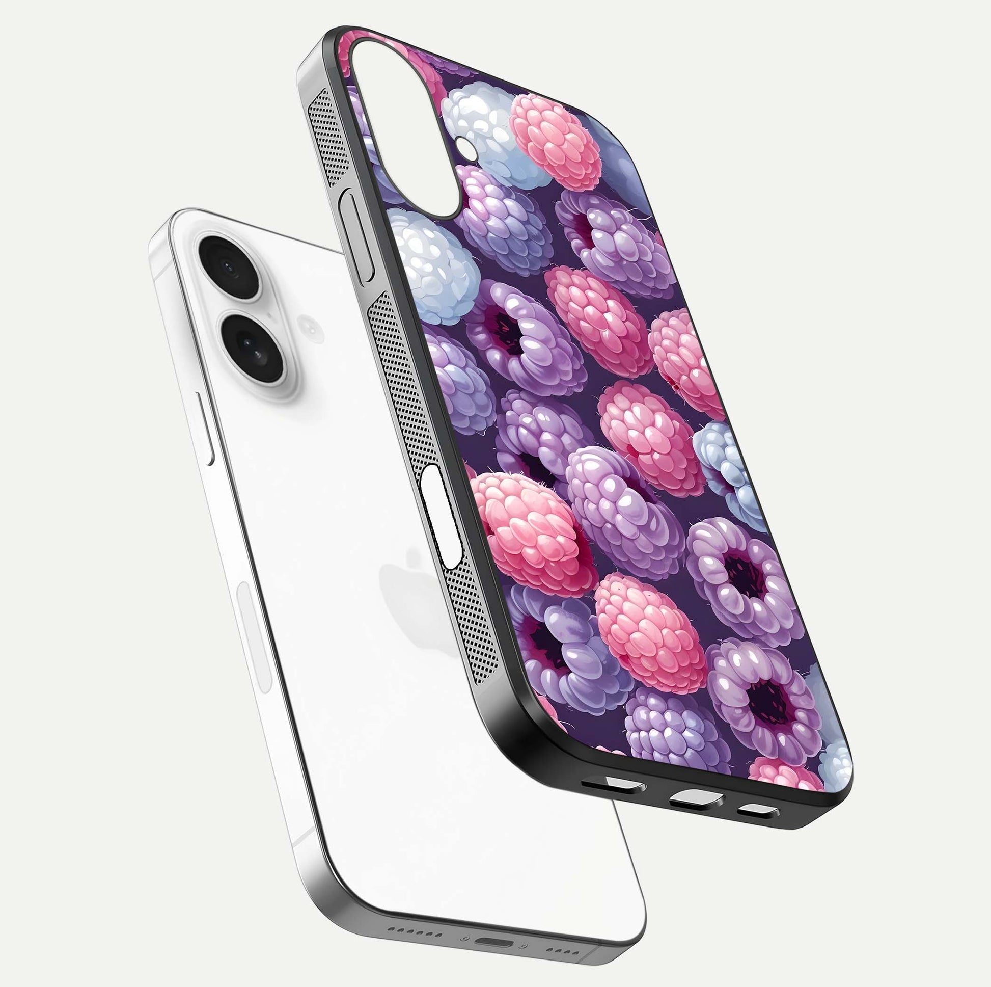 Berry Candy Pop Glass Case for iPhone 17 floating dual-view mockup highlighting gloss shine and curved edges
