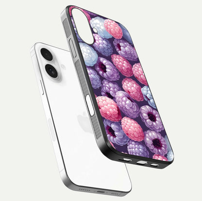Berry Candy Pop Glass Case for iPhone 17 floating dual-view mockup highlighting gloss shine and curved edges