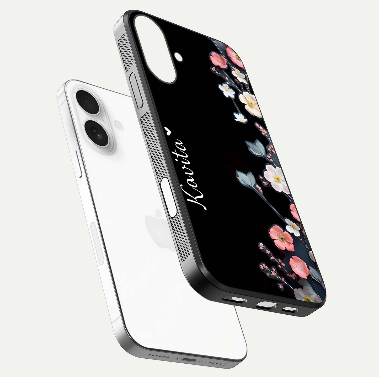 Black Elegance Floral Custom Name Glass Case for iPhone 17 floating mockup emphasizing premium shine and floral art