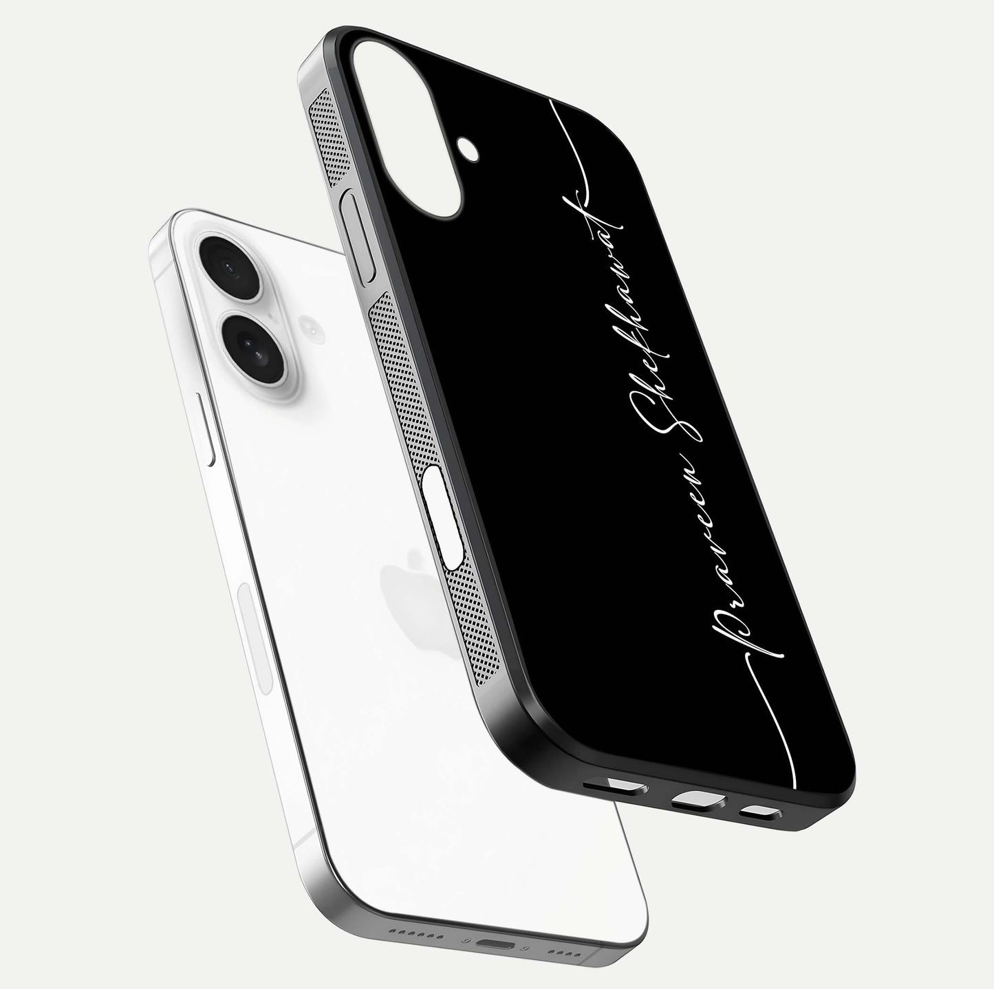 Black Tune Custom Name Glass Case for iPhone 17 floating dual-view mockup emphasizing modern glossy texture