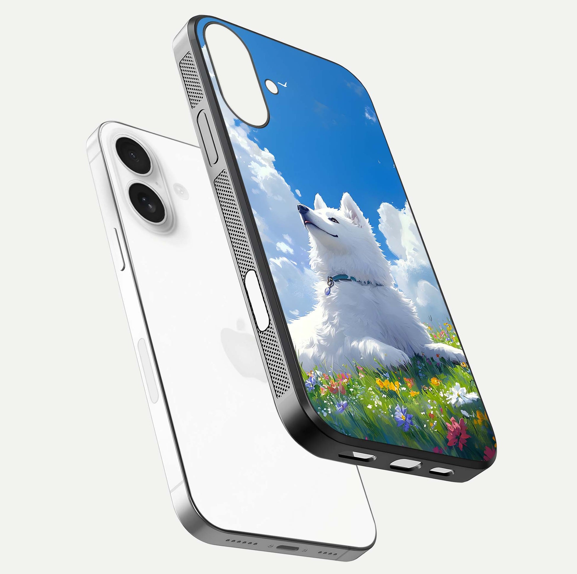 Blissful Cloud Pup Glass Case for iPhone 17 floating mockup capturing playful aesthetic and gloss finish