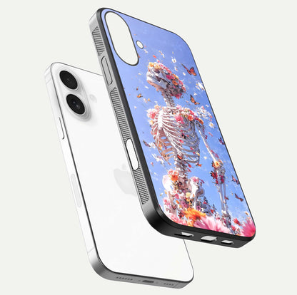Bloom Beyond Bones Glass Case for iPhone 17 floating mockup displaying shine, texture, and gloss detail