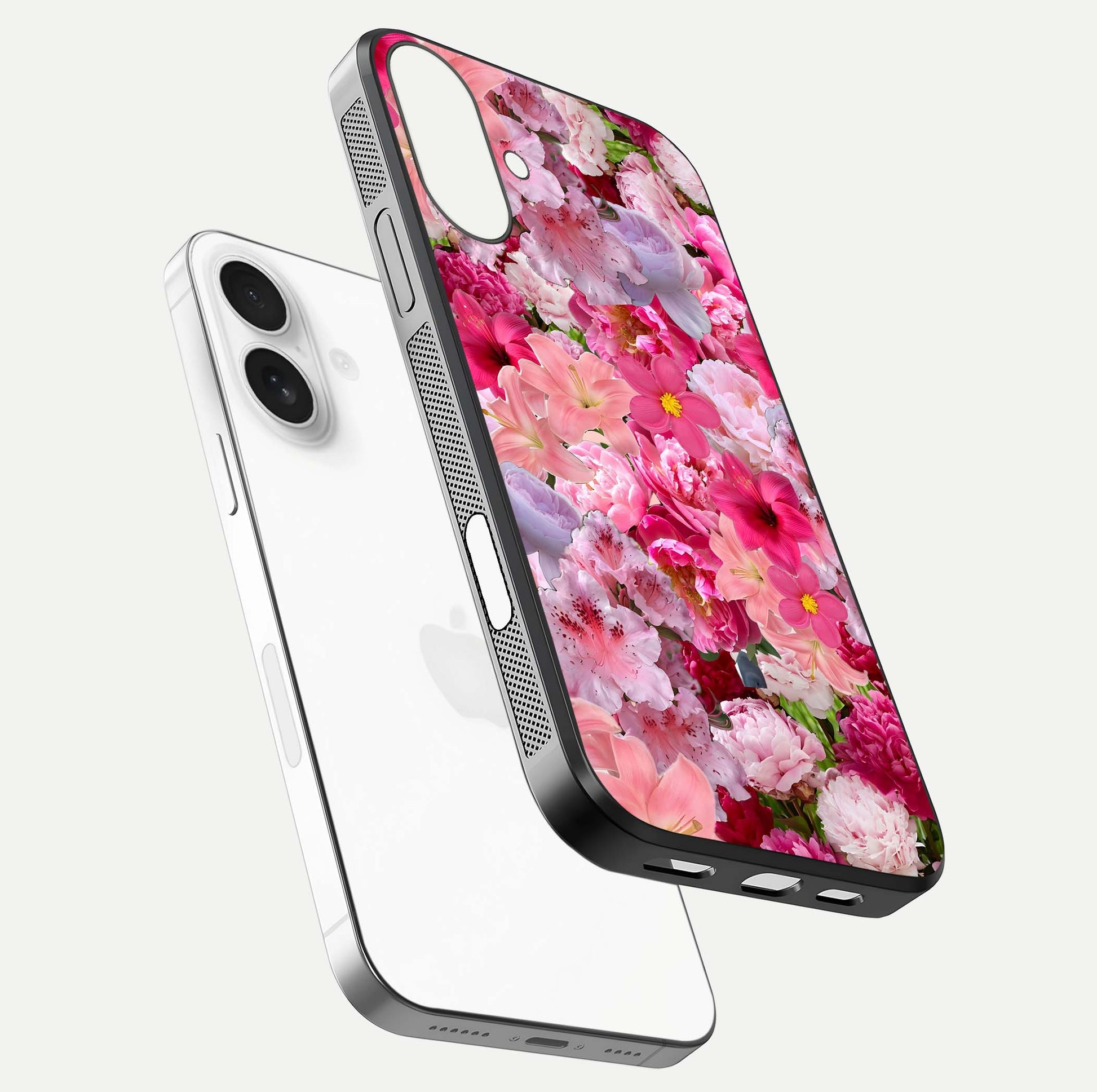 Bloom Crush Fantasy Glass Case for iPhone 17 floating mockup showing floral pattern clarity and HD glass