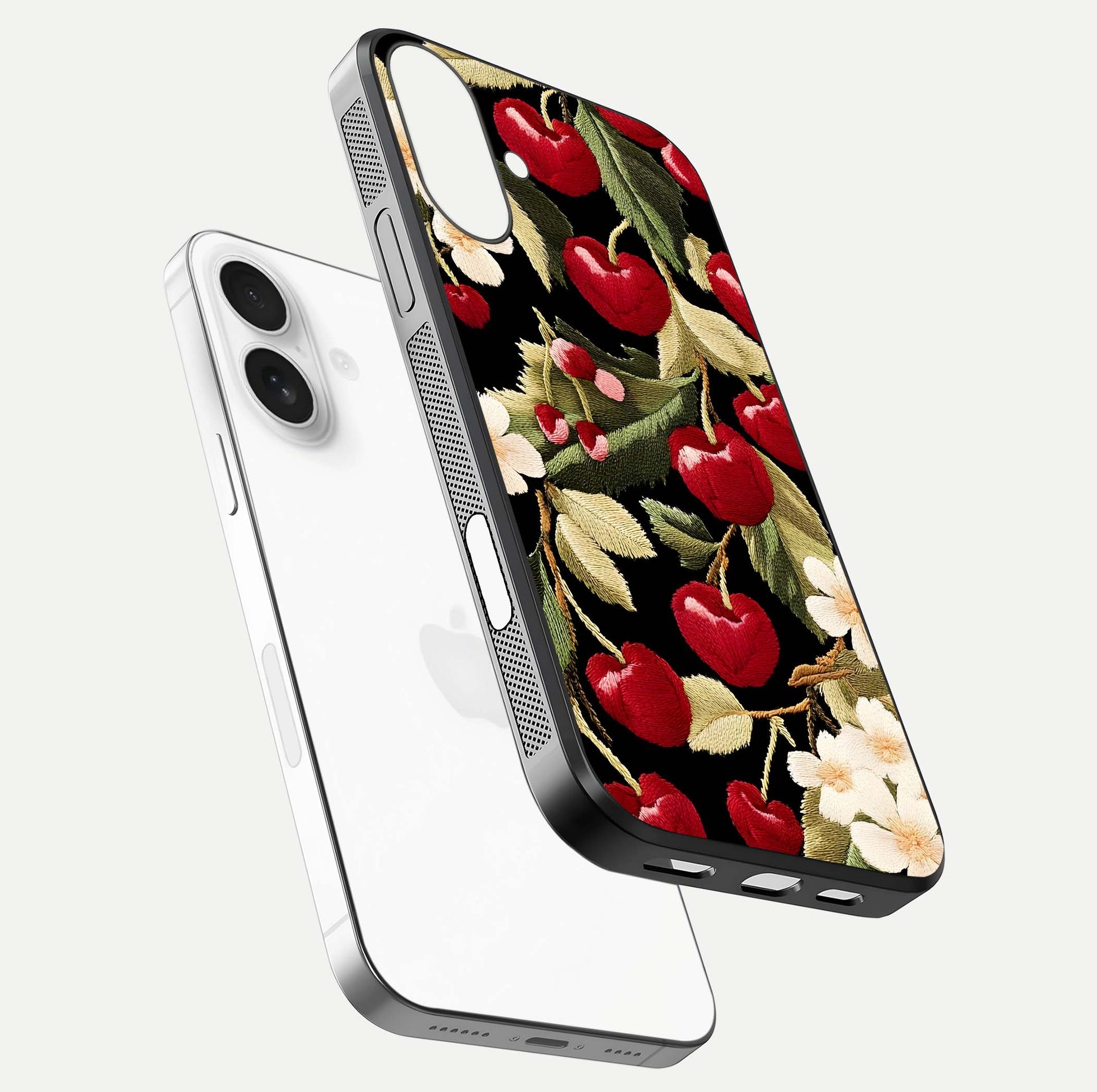 Bloom Thread Art Glass Case for iPhone 17 floating mockup showing premium reflection and stitched art vibe