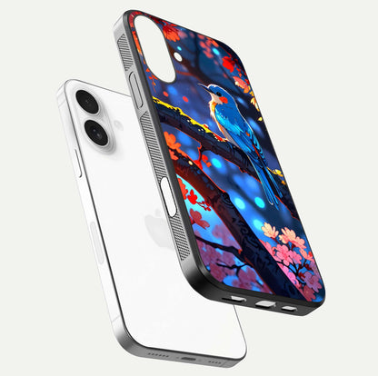 Blooming Spendor Bird Glass Case for iPhone 17 floating dual-mockup capturing gloss tone and curved texture