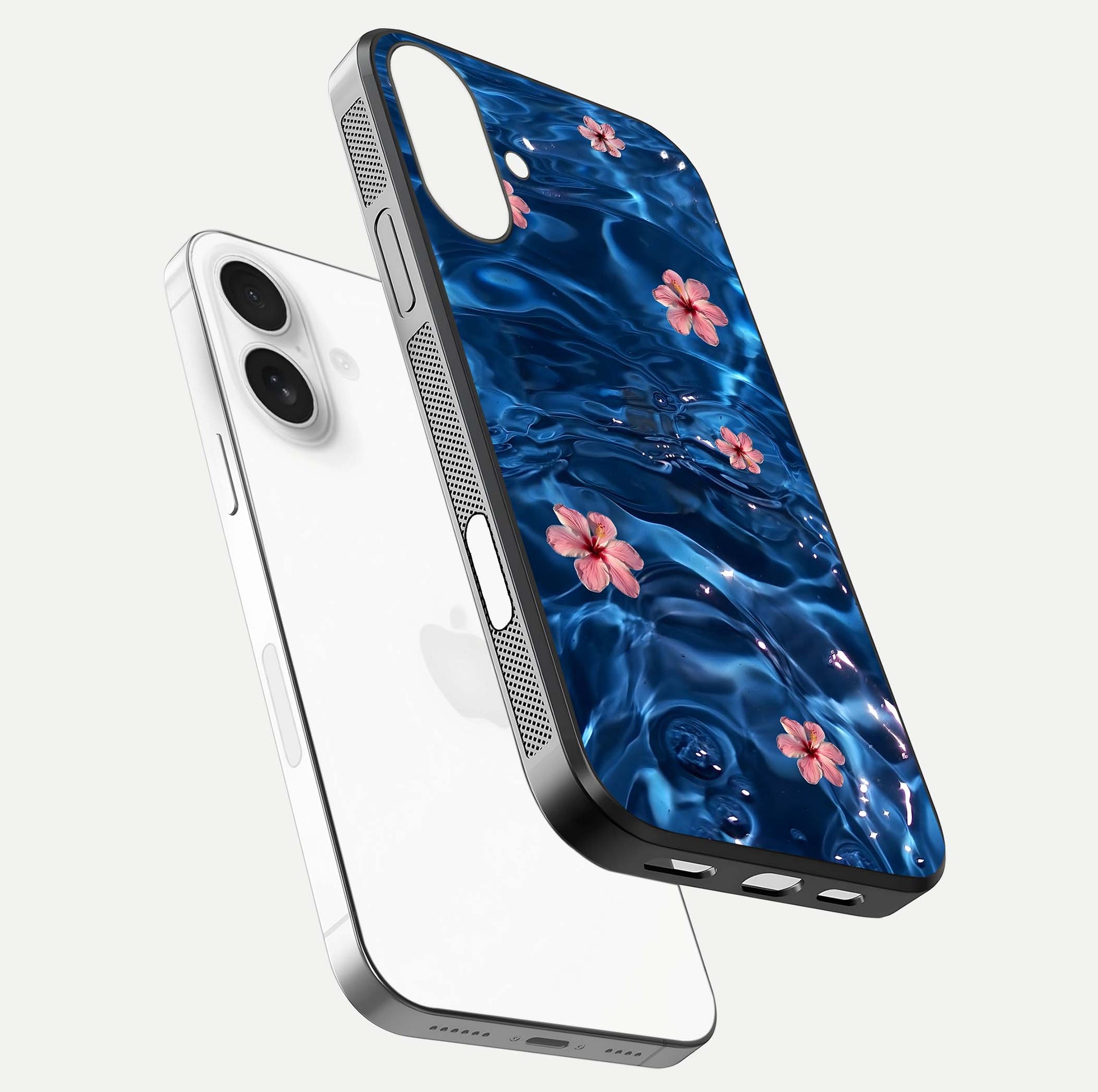 Blooming Water Drift Glass Case for iPhone 17 floating dual-view mockup showing floral drift pattern and reflective surface
