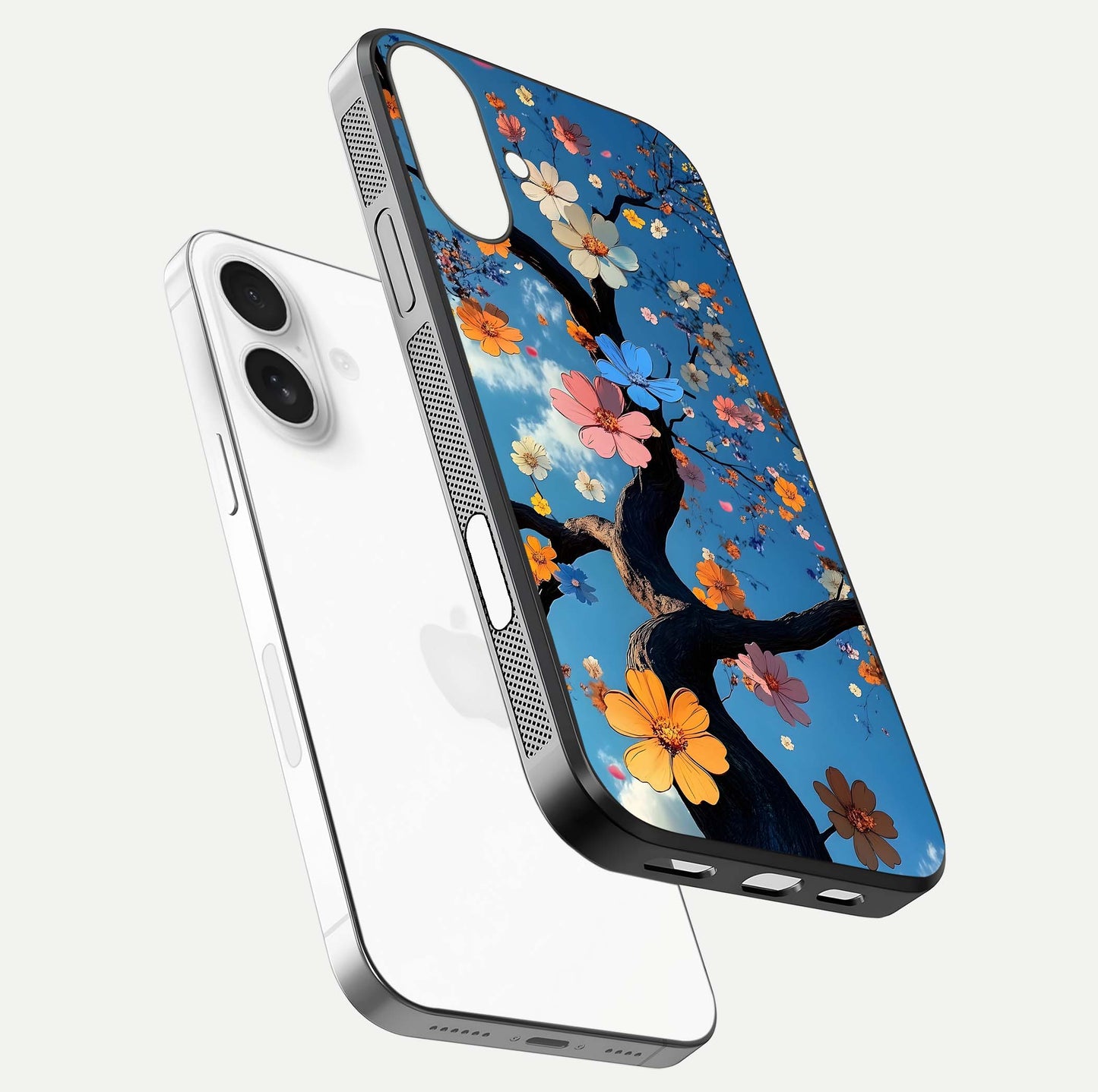 Blossom Dream Sky Glass Case for iPhone 17 floating dual-mockup displaying smooth finish and elegant sky tones