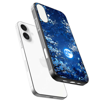 Blossom Moonlight Sky Glass Case for iPhone 17 floating mockup showing glowing moon accent and HD gloss texture