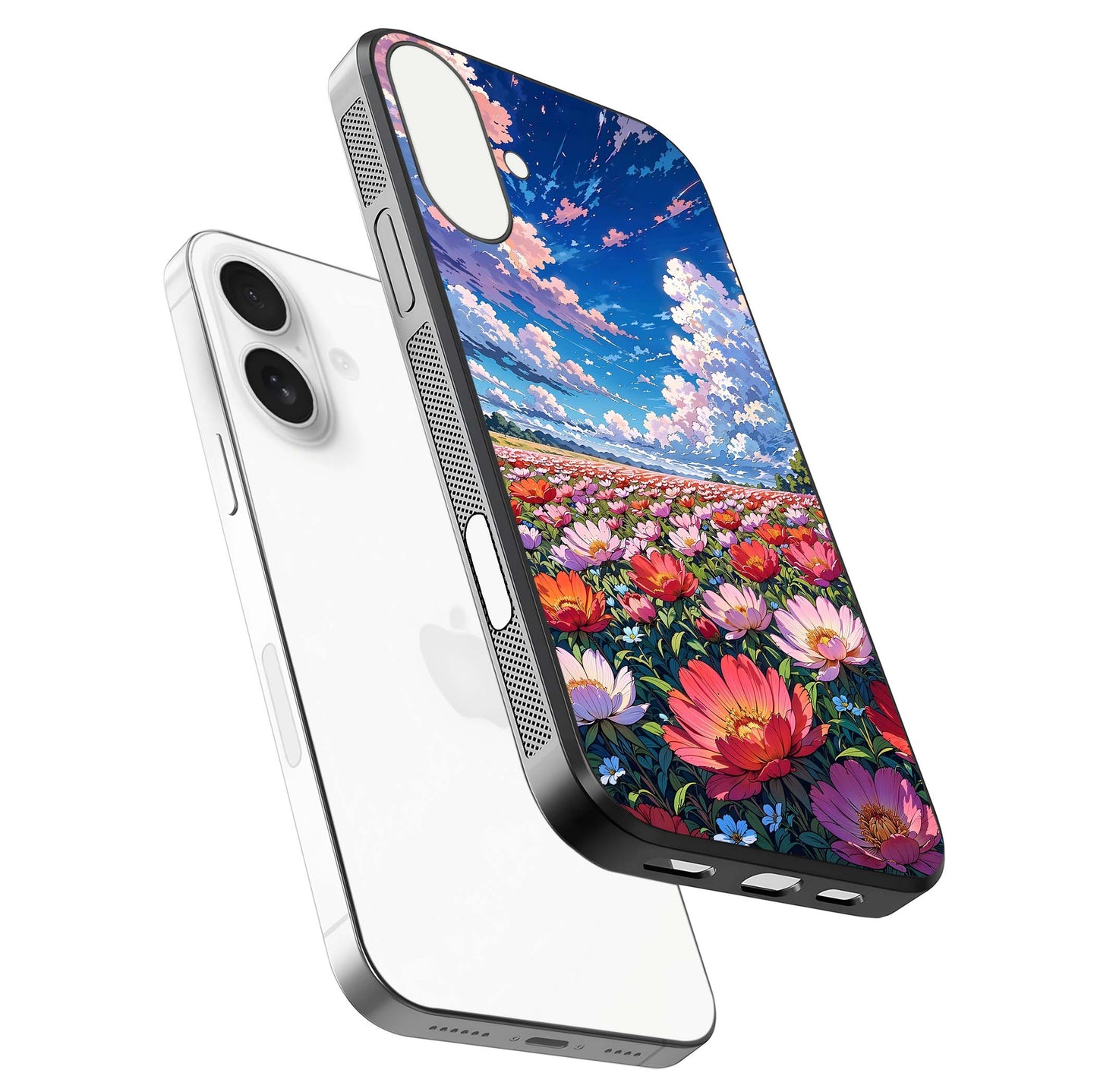 Blossom Sky Field Glass Case for iPhone 17 floating mockup displaying sky bloom concept with smooth finish