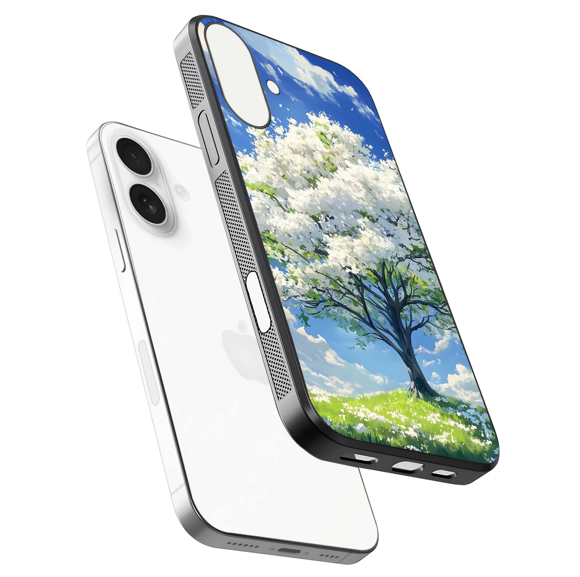Blossom Sky Serenity Glass Case for iPhone 17 floating mockup capturing gloss surface and tranquil design