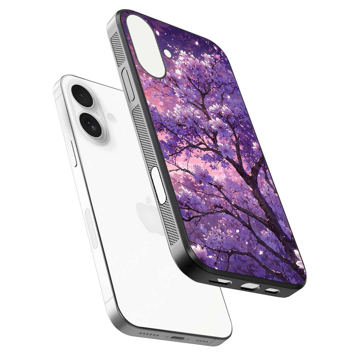 Blossom Tree Glass Case for iPhone 17 floating dual-mockup displaying texture detail and curved edges