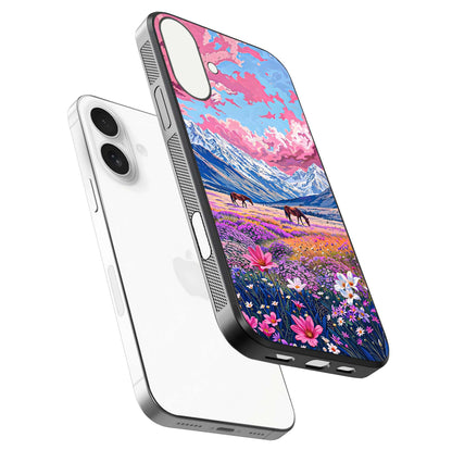 Blossom Valley Dream Glass Case for iPhone 17 floating mockup showing floral valley blend and reflective surface