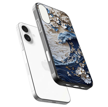 Blossom Wave Art Glass Case for iPhone 17 floating mockup displaying pattern details and reflective shine