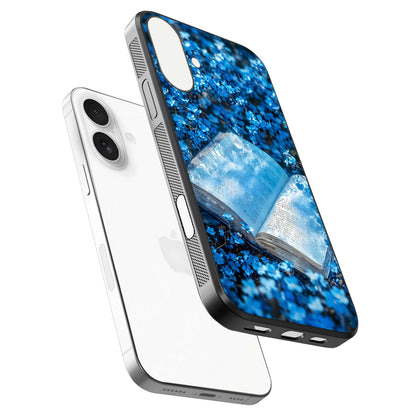 Blue Bloom Tales Glass Case for iPhone 17 floating mockup showing detailed bloom and reflective surface