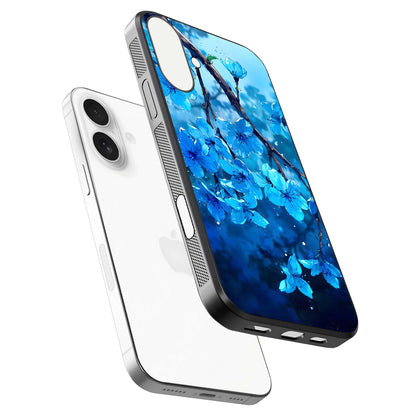 Blue Blossoms Branch Glass Case for iPhone 17 floating mockup showing shine, curved edges, and branch detailing