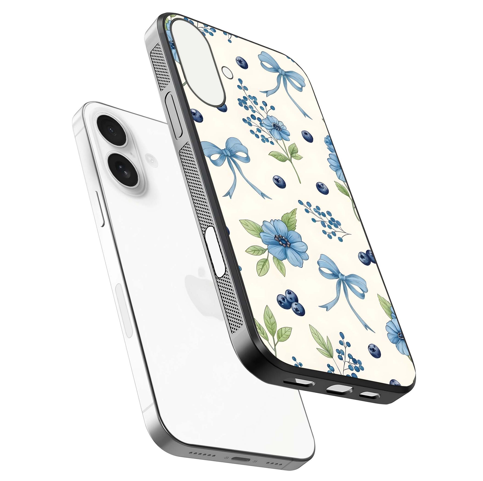 Blue Flower & Bow Glass Case for iPhone 17 floating mockup capturing gloss reflection and girly aesthetic