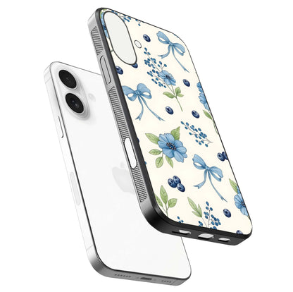 Blue Flower & Bow Glass Case for iPhone 17 floating mockup capturing gloss reflection and girly aesthetic