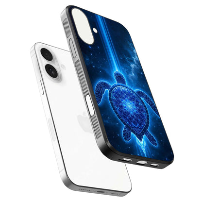Blue Galaxy Turtle Glass Case for iPhone 17 floating dual-mockup showing gloss depth and color transitions