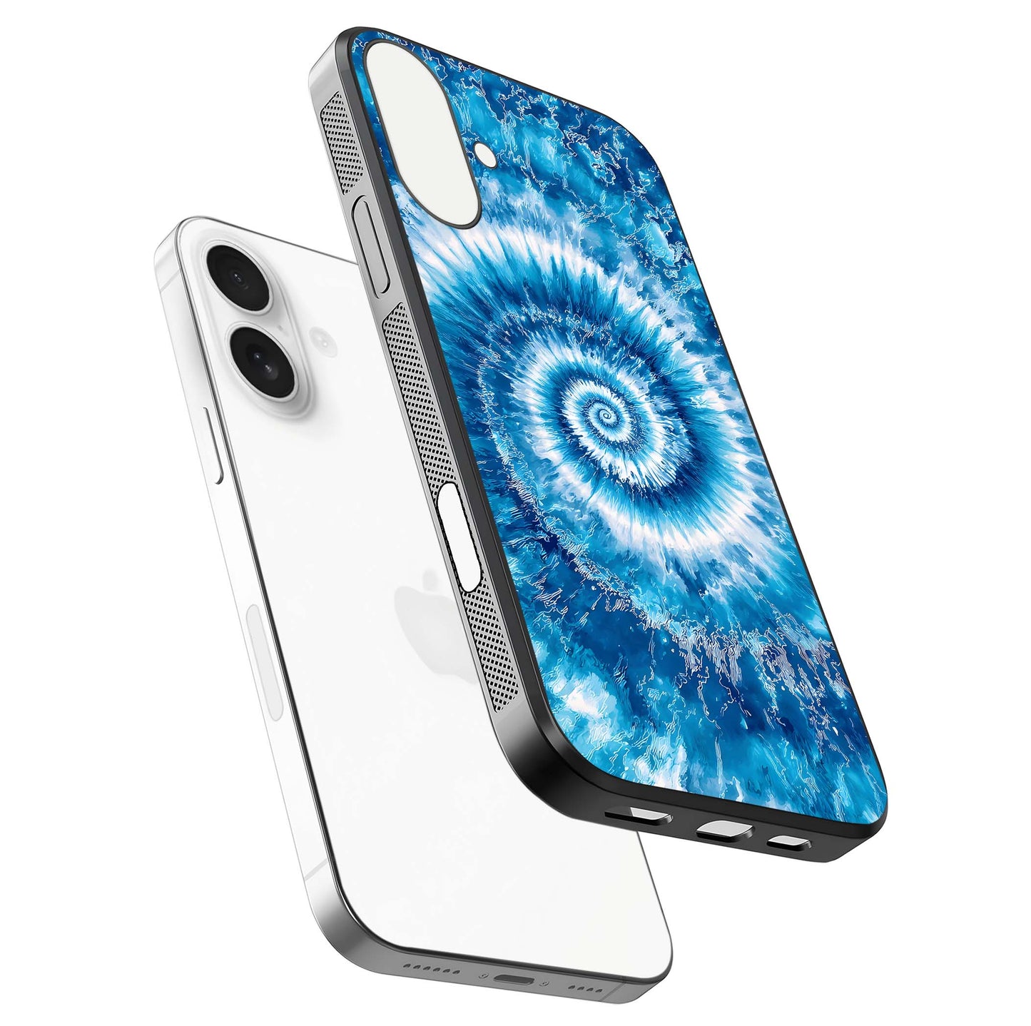 Blue Galaxy Wave Glass Case for iPhone 17 floating mockup revealing cosmic depth and curved-edge texture