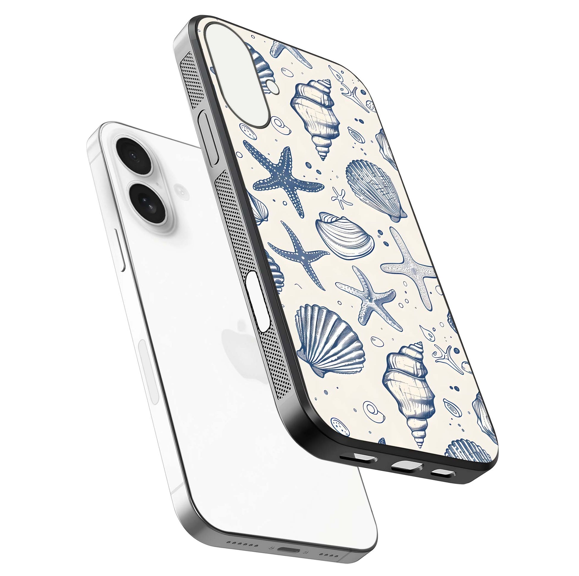 Blue Ocean Outline Glass Case for iPhone 17 floating mockup displaying marine-inspired aesthetic and smooth surface