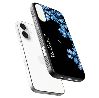 Blue Petal Dream Custom Name Glass Case for iPhone 17 floating mockup capturing floral tones and glass shine