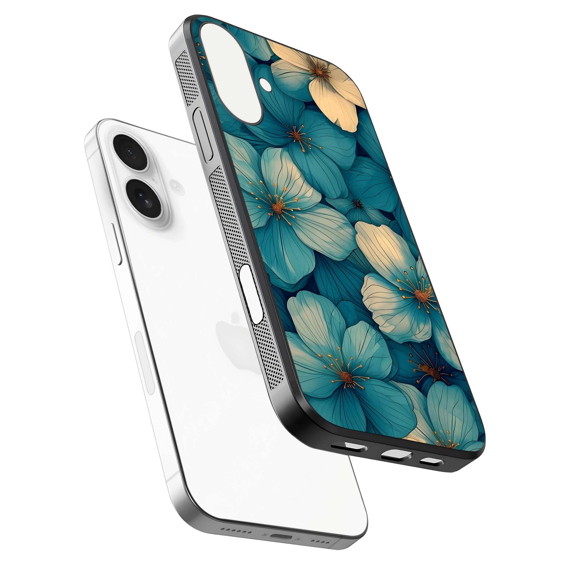 Blue Shade Floral Glass Case for iPhone 17 floating mockup revealing gloss highlight and floral depth